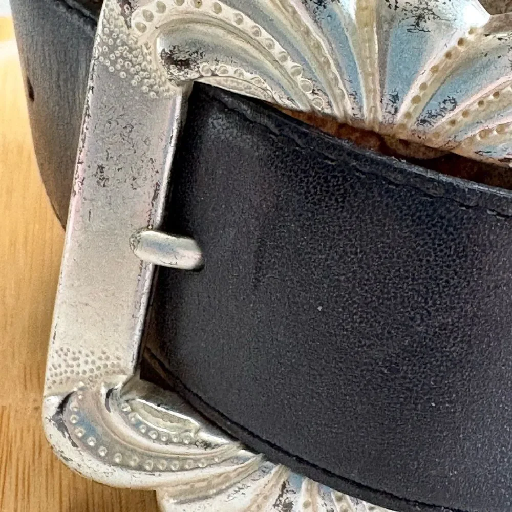 Vintage Ritz Black Leather Belt Medium Silver Tone Hardware Cowboy Maximum